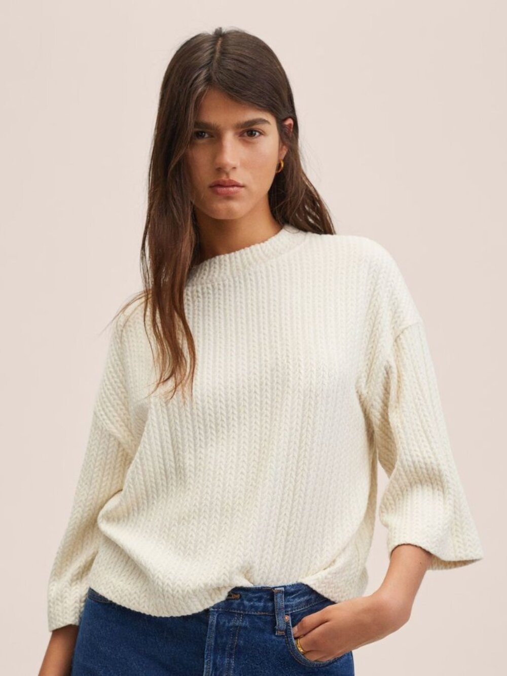 NEW Mango Cable-Knit Mockneck Sweater, Cream